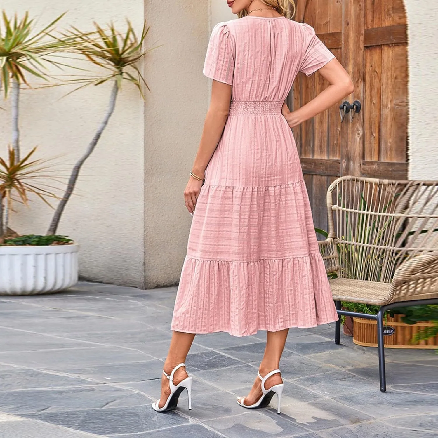 Summer Dresses for Women 2025 Midi Short Sleeve V Neck A Line Dresses Summer Flowy Tiered Pockets Boho Beach Sundress