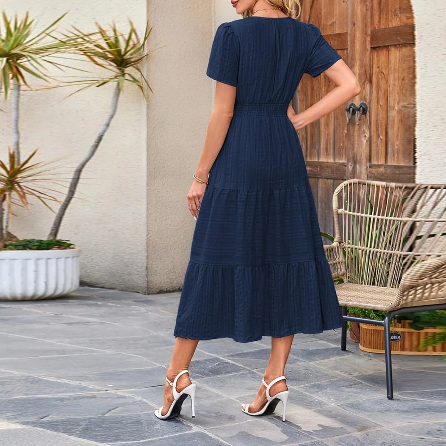 Summer Dresses for Women 2025 Midi Short Sleeve V Neck A Line Dresses Summer Flowy Tiered Pockets Boho Beach Sundress