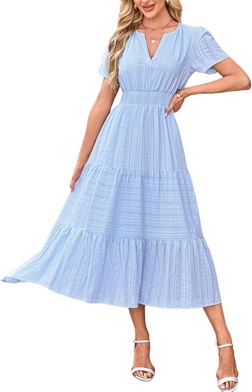 Summer Dresses for Women 2025 Midi Short Sleeve V Neck A Line Dresses Summer Flowy Tiered Pockets Boho Beach Sundress