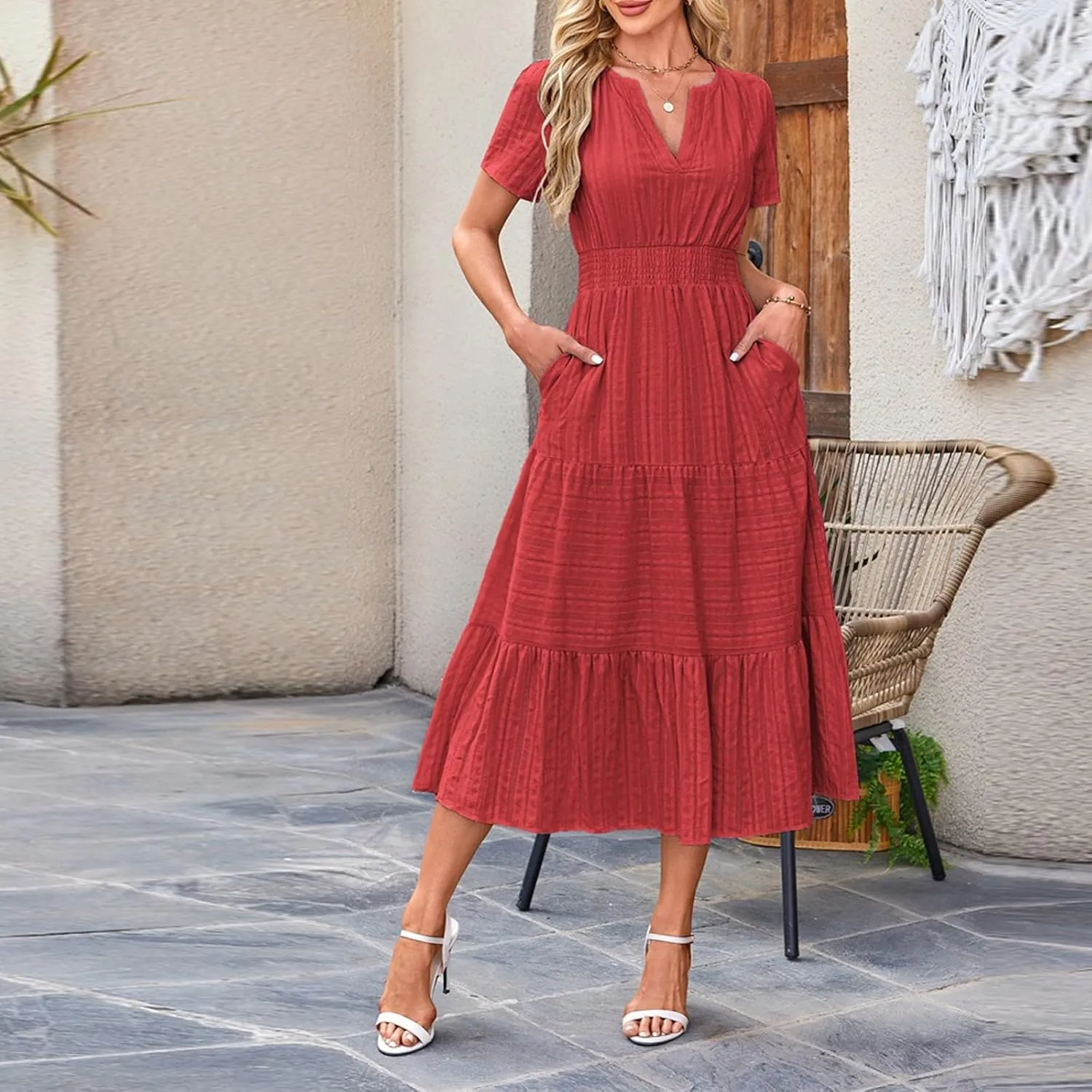 Summer Dresses for Women 2025 Midi Short Sleeve V Neck A Line Dresses Summer Flowy Tiered Pockets Boho Beach Sundress