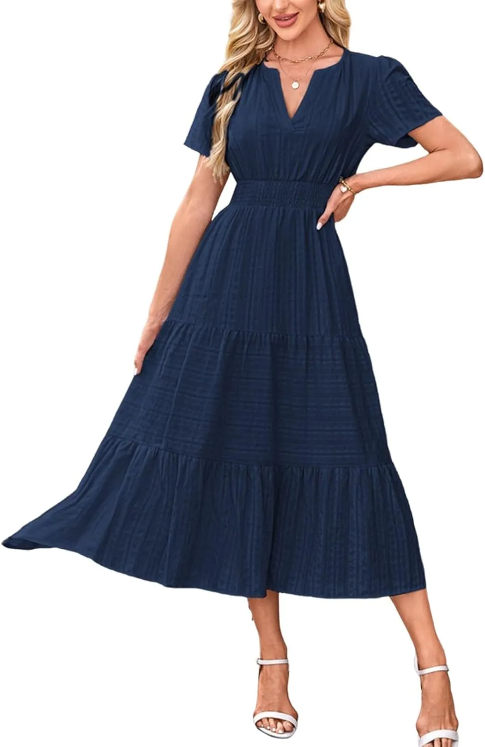 Summer Dresses for Women 2025 Midi Short Sleeve V Neck A Line Dresses Summer Flowy Tiered Pockets Boho Beach Sundress