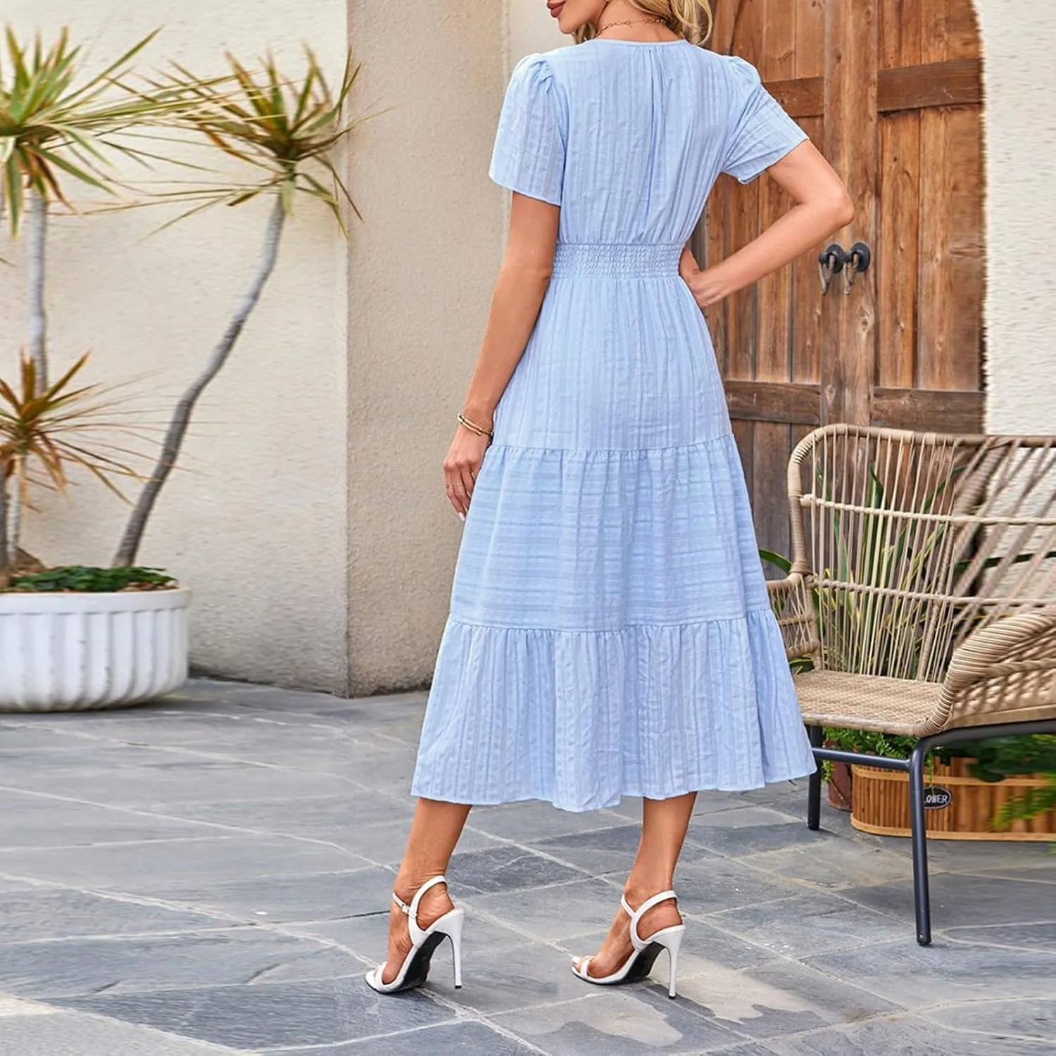 Summer Dresses for Women 2025 Midi Short Sleeve V Neck A Line Dresses Summer Flowy Tiered Pockets Boho Beach Sundress