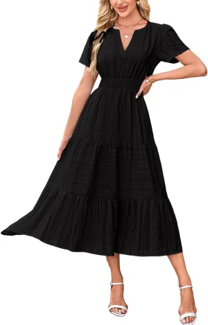 Summer Dresses for Women 2025 Midi Short Sleeve V Neck A Line Dresses Summer Flowy Tiered Pockets Boho Beach Sundress