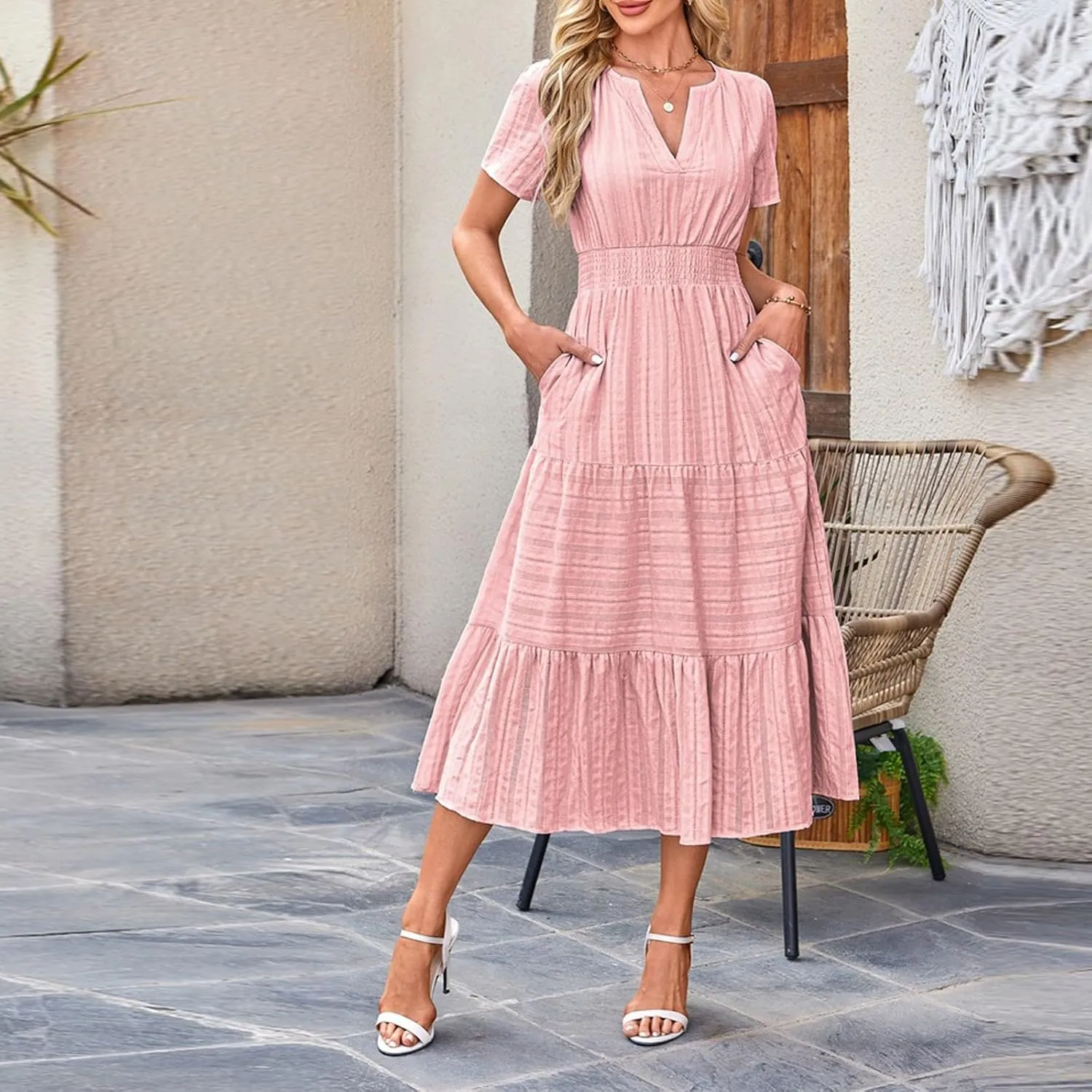 Summer Dresses for Women 2025 Midi Short Sleeve V Neck A Line Dresses Summer Flowy Tiered Pockets Boho Beach Sundress