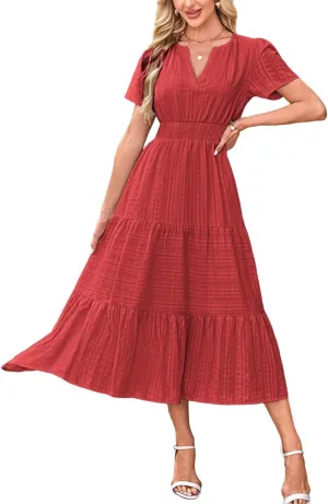 Summer Dresses for Women 2025 Midi Short Sleeve V Neck A Line Dresses Summer Flowy Tiered Pockets Boho Beach Sundress