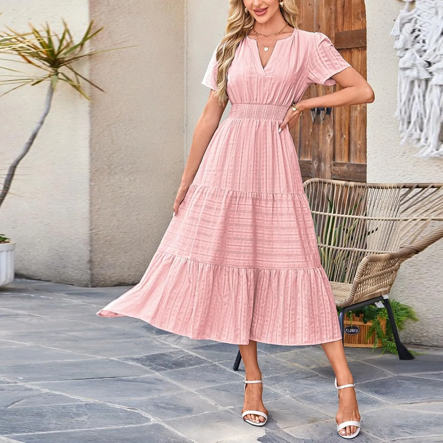 Summer Dresses for Women 2025 Midi Short Sleeve V Neck A Line Dresses Summer Flowy Tiered Pockets Boho Beach Sundress