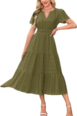 Summer Dresses for Women 2025 Midi Short Sleeve V Neck A Line Dresses Summer Flowy Tiered Pockets Boho Beach Sundress