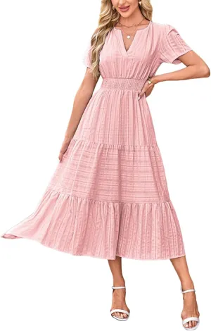 Summer Dresses for Women 2025 Midi Short Sleeve V Neck A Line Dresses Summer Flowy Tiered Pockets Boho Beach Sundress