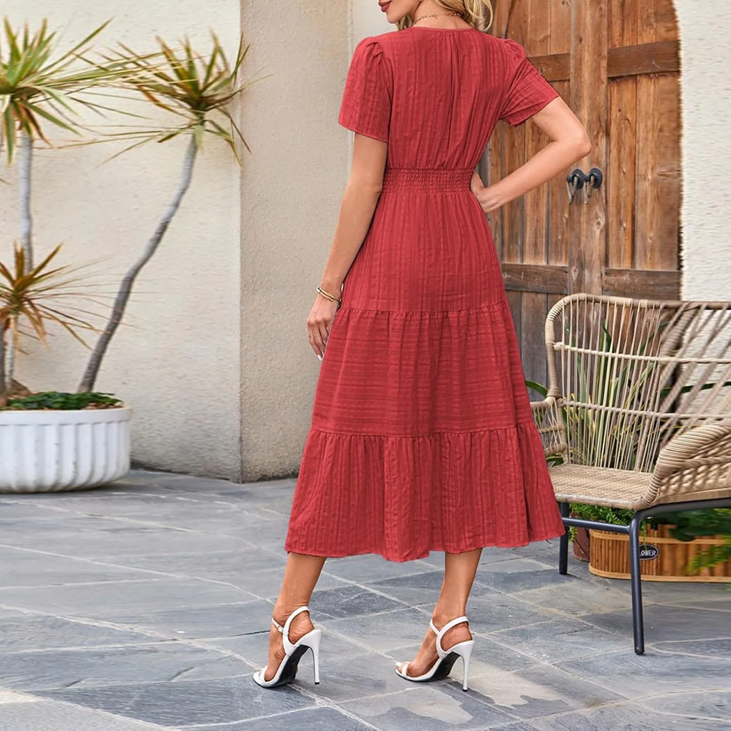 Summer Dresses for Women 2025 Midi Short Sleeve V Neck A Line Dresses Summer Flowy Tiered Pockets Boho Beach Sundress