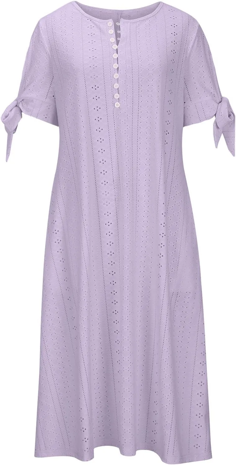 Summer Dresses for Women 2025 Plus Size Knee Length Short Sleeve Eyelet Tshirt Maxi Dress Beach Vacation Sundress
