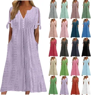 Summer Dresses for Women 2025 Plus Size Knee Length Short Sleeve Eyelet Tshirt Maxi Dress Beach Vacation Sundress
