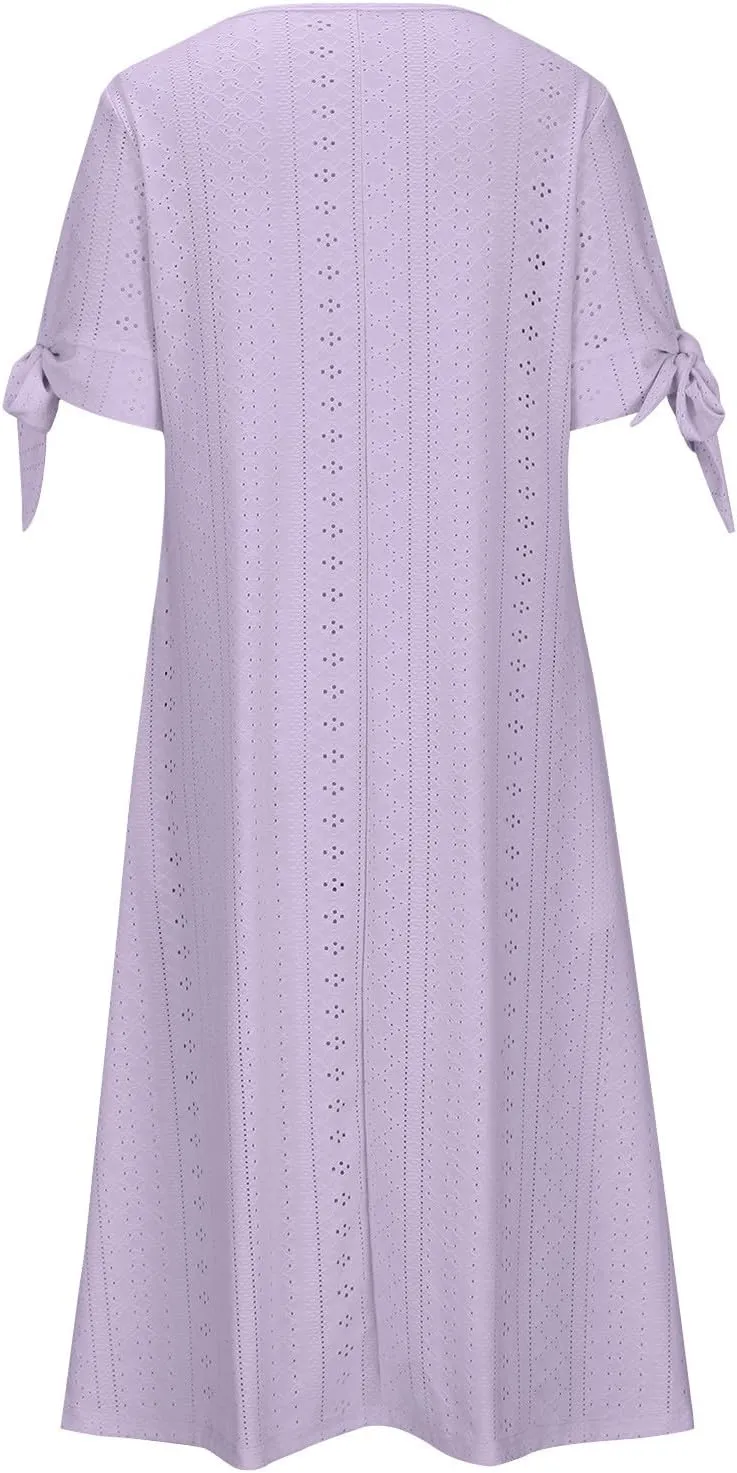Summer Dresses for Women 2025 Plus Size Knee Length Short Sleeve Eyelet Tshirt Maxi Dress Beach Vacation Sundress