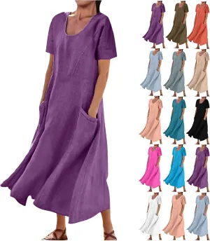 Summer Dresses for Women 2025 Plus Size Short Sleeve Cotton Linen Dress Causal Scoop Neck Ruffle Flowy Beach Sundress