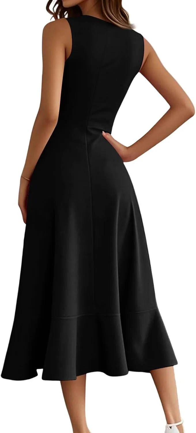 Summer Dresses for Women 2025 Sleeveless Flowy Midi Dress with Asymmetrical Hem, Elegant Wedding Guest Dresses