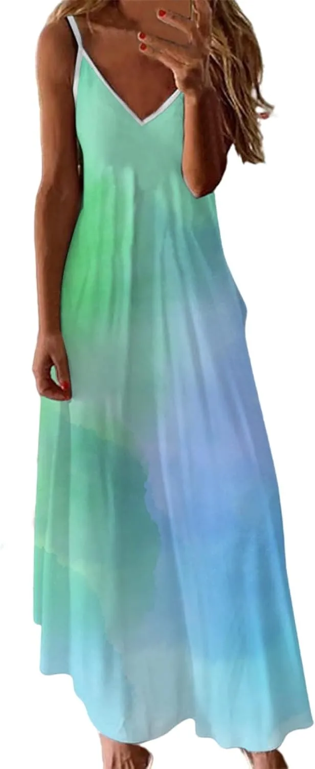 Summer Dresses for Women 2025 Spaghetti Strap Boho Tie Dye Maxi Dress V Neck Boho Beach Sundress Trendy Soft Dress