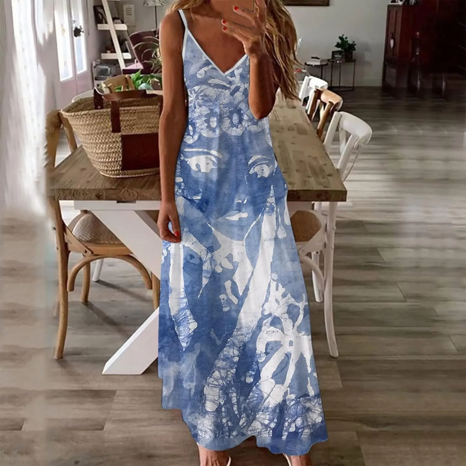 Summer Dresses for Women 2025 Spaghetti Strap Boho Tie Dye Maxi Dress V Neck Boho Beach Sundress Trendy Soft Dress