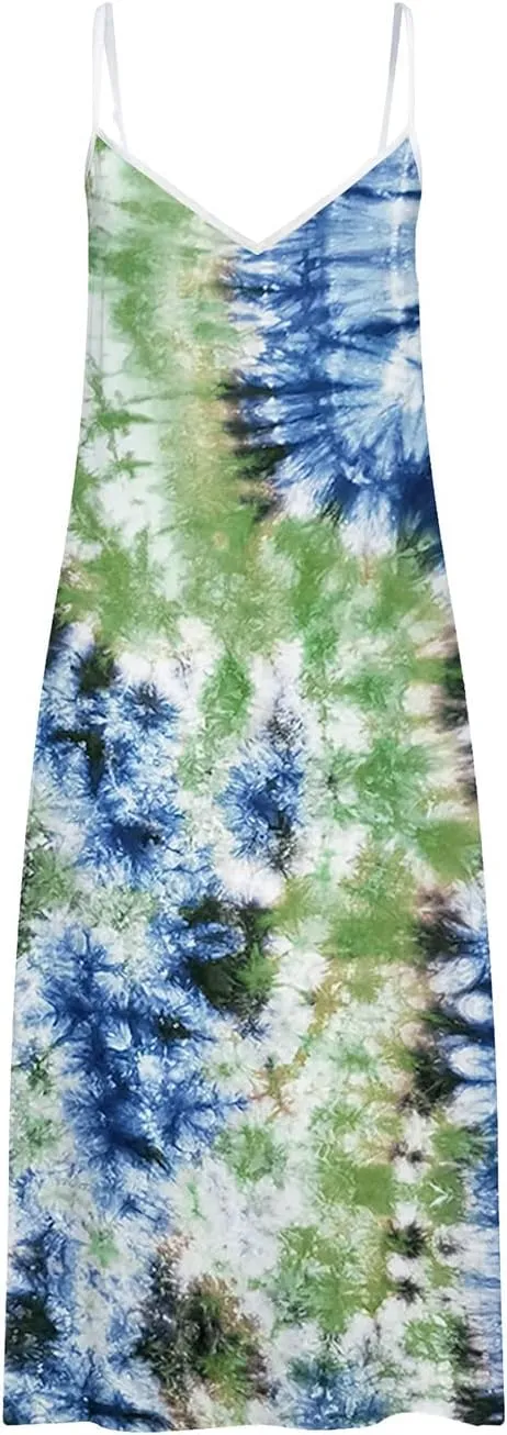 Summer Dresses for Women 2025 Spaghetti Strap Boho Tie Dye Maxi Dress V Neck Boho Beach Sundress Trendy Soft Dress