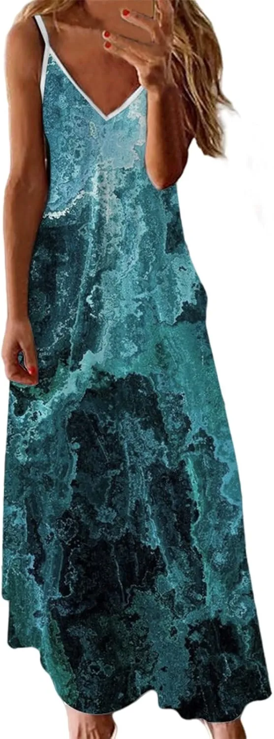 Summer Dresses for Women 2025 Spaghetti Strap Boho Tie Dye Maxi Dress V Neck Boho Beach Sundress Trendy Soft Dress