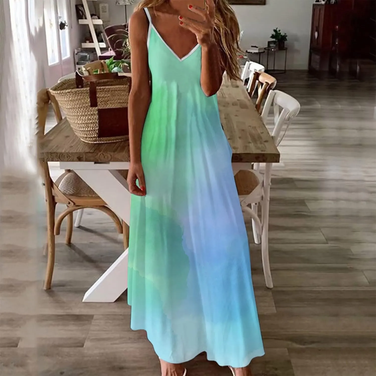 Summer Dresses for Women 2025 Spaghetti Strap Boho Tie Dye Maxi Dress V Neck Boho Beach Sundress Trendy Soft Dress