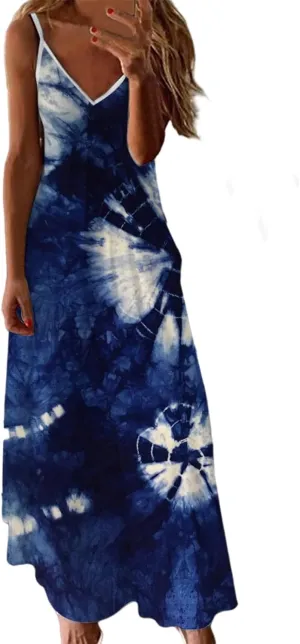 Summer Dresses for Women 2025 Spaghetti Strap Boho Tie Dye Maxi Dress V Neck Boho Beach Sundress Trendy Soft Dress