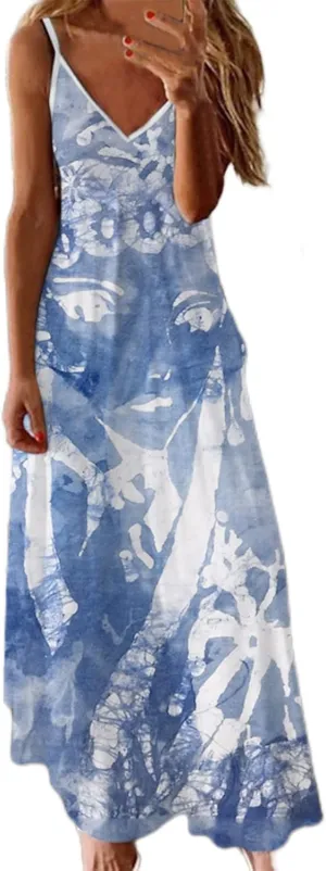 Summer Dresses for Women 2025 Spaghetti Strap Boho Tie Dye Maxi Dress V Neck Boho Beach Sundress Trendy Soft Dress