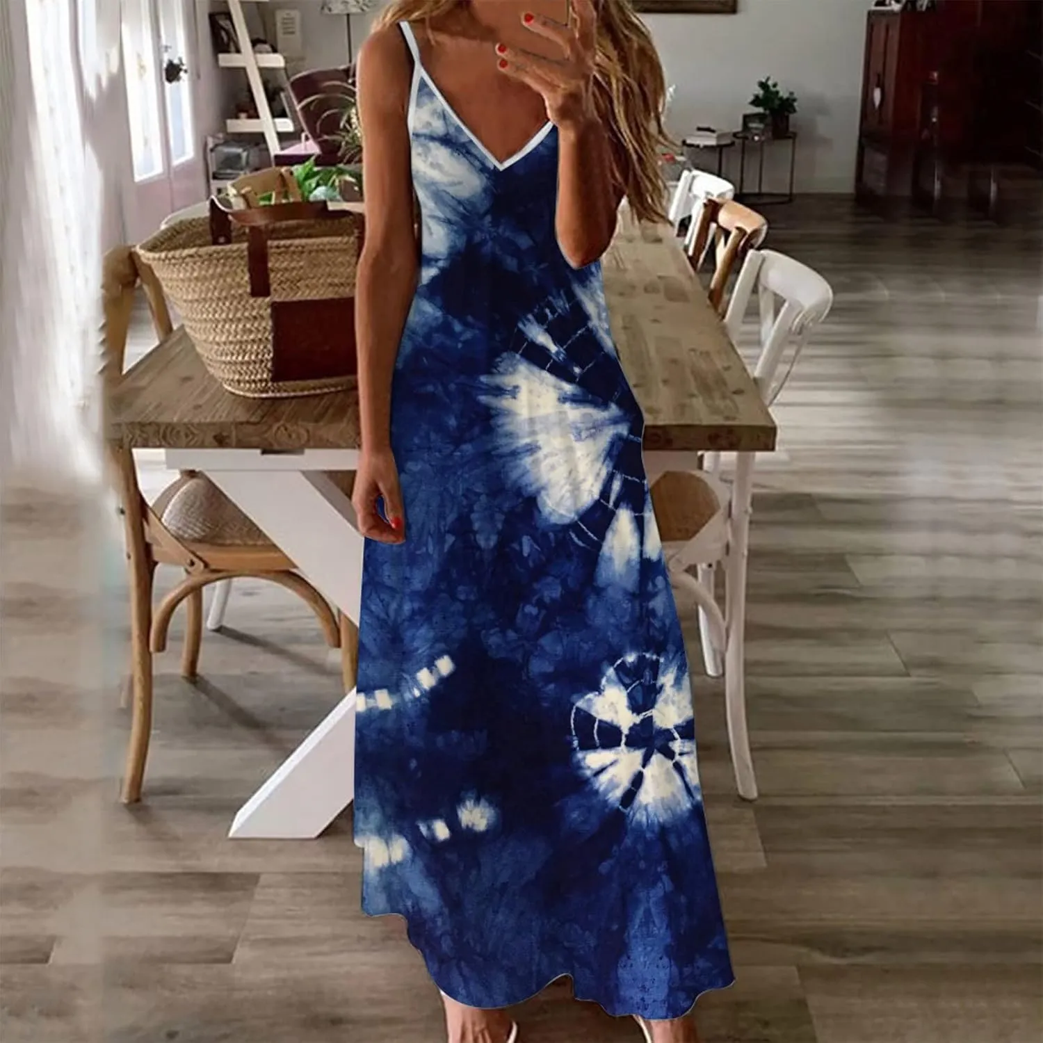 Summer Dresses for Women 2025 Spaghetti Strap Boho Tie Dye Maxi Dress V Neck Boho Beach Sundress Trendy Soft Dress