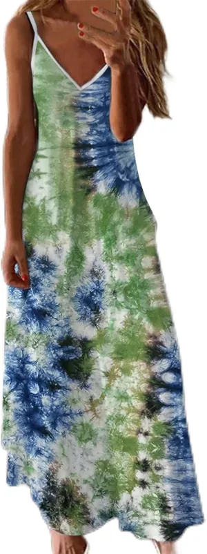 Summer Dresses for Women 2025 Spaghetti Strap Boho Tie Dye Maxi Dress V Neck Boho Beach Sundress Trendy Soft Dress