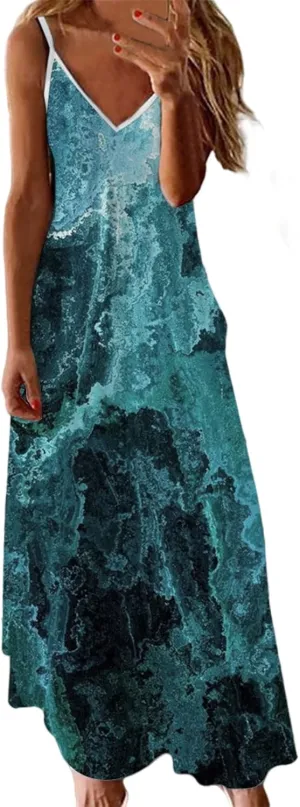 Summer Dresses for Women 2025 Spaghetti Strap Boho Tie Dye Maxi Dress V Neck Boho Beach Sundress Trendy Soft Dress