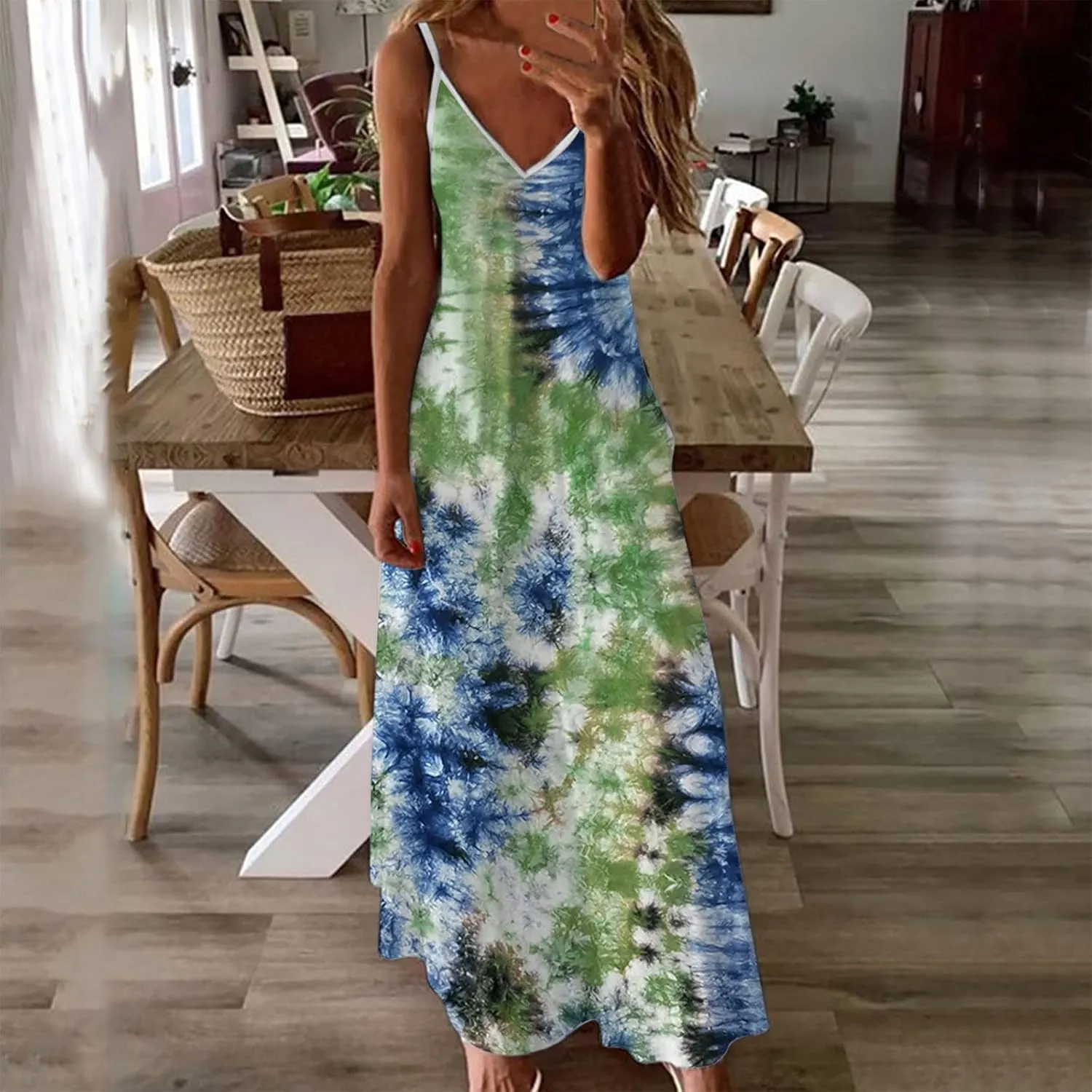 Summer Dresses for Women 2025 Spaghetti Strap Boho Tie Dye Maxi Dress V Neck Boho Beach Sundress Trendy Soft Dress