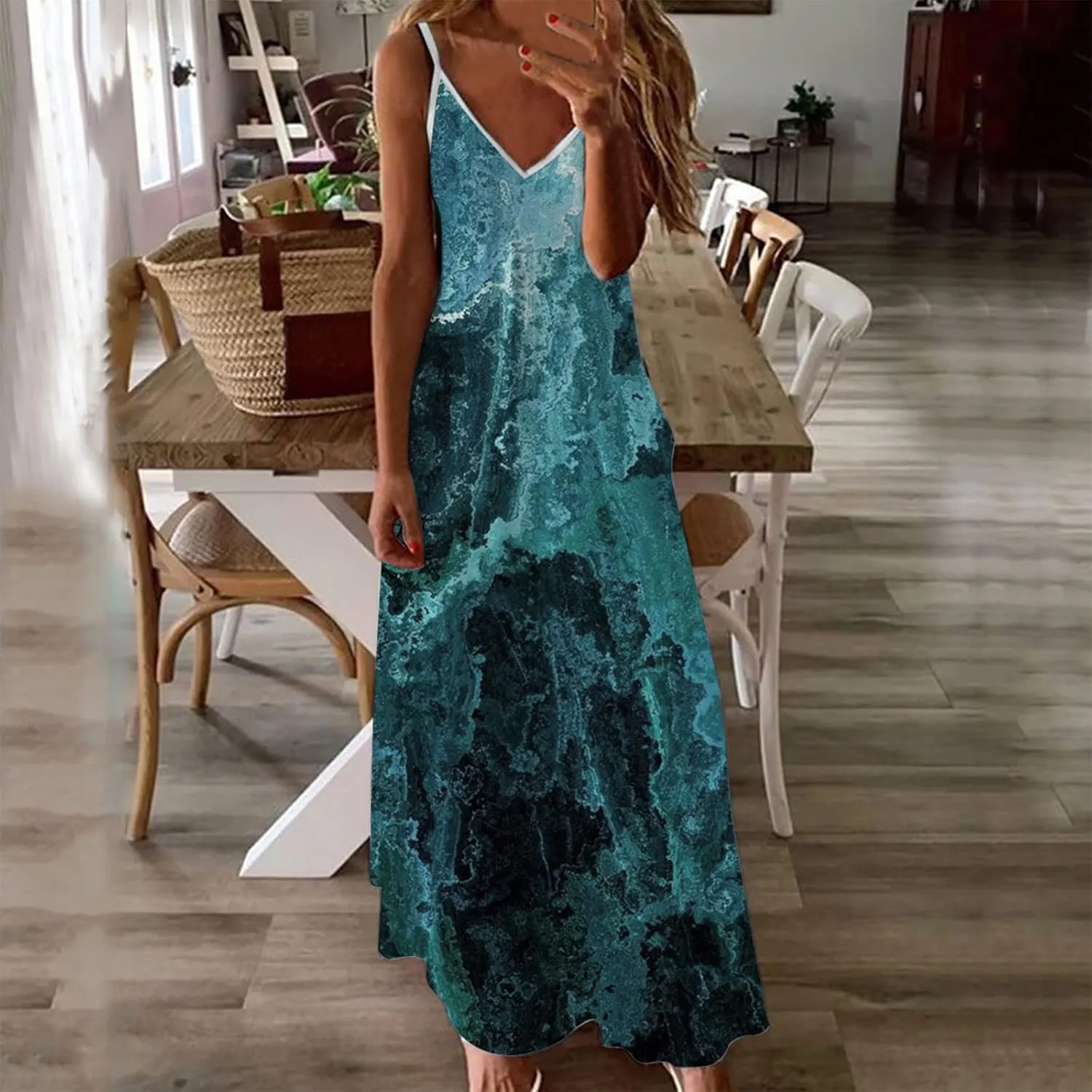 Summer Dresses for Women 2025 Spaghetti Strap Boho Tie Dye Maxi Dress V Neck Boho Beach Sundress Trendy Soft Dress