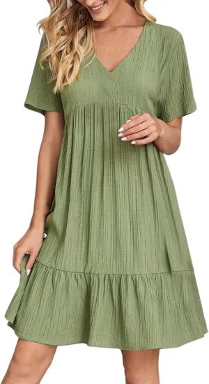 Summer Dresses for Women 2025 Trendy Short Sleeve Pleated Midi Dress Casual Flowy V Neck Elegant Beach Sundresses