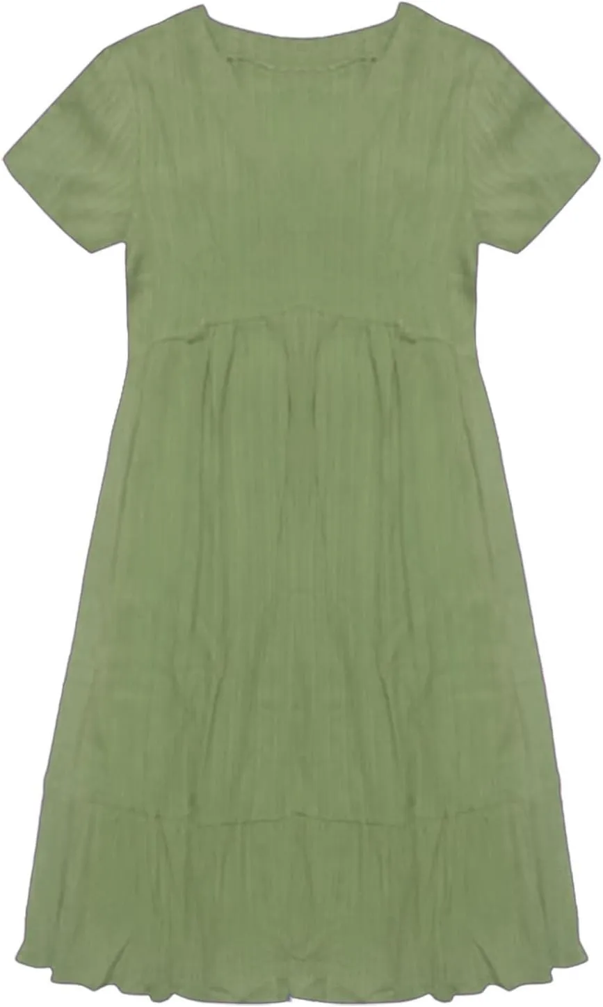 Summer Dresses for Women 2025 Trendy Short Sleeve Pleated Midi Dress Casual Flowy V Neck Elegant Beach Sundresses