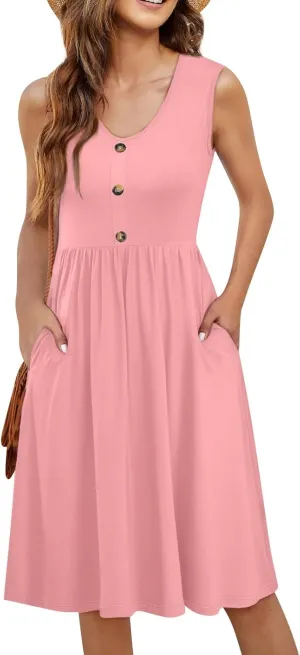 Summer Dresses for Women Loose Sundresses printedCasual Tshirt Tank Dresses Beach Sleeveless Mini Dress with Pockets