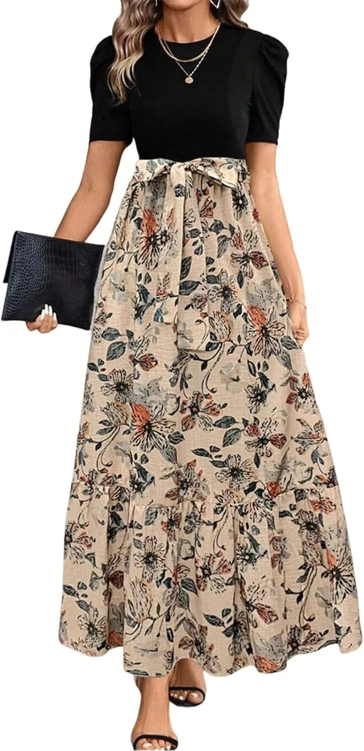 Summer Dresses for Women Puff Sleeve Flowy Floral Dress Casual Maxi Dress with Belt Elegant Sundress Long Dresses