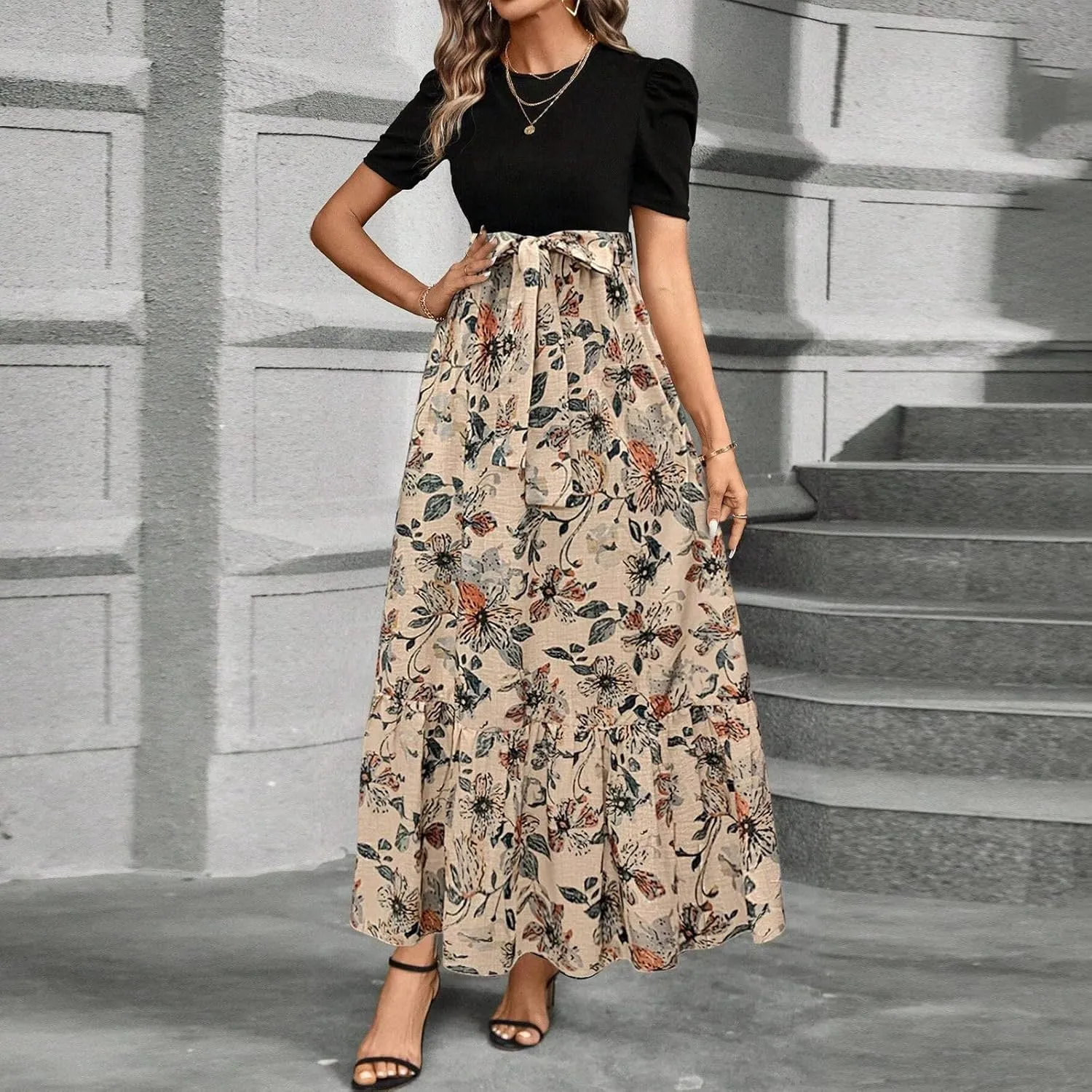 Summer Dresses for Women Puff Sleeve Flowy Floral Dress Casual Maxi Dress with Belt Elegant Sundress Long Dresses