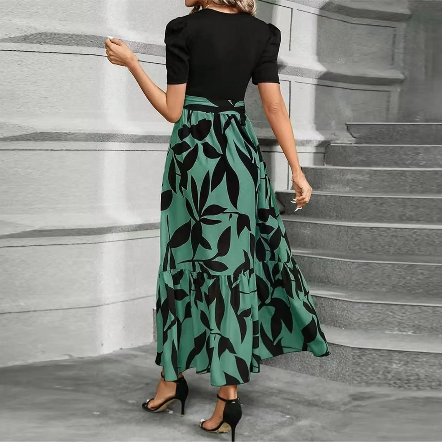 Summer Dresses for Women Puff Sleeve Flowy Floral Dress Casual Maxi Dress with Belt Elegant Sundress Long Dresses