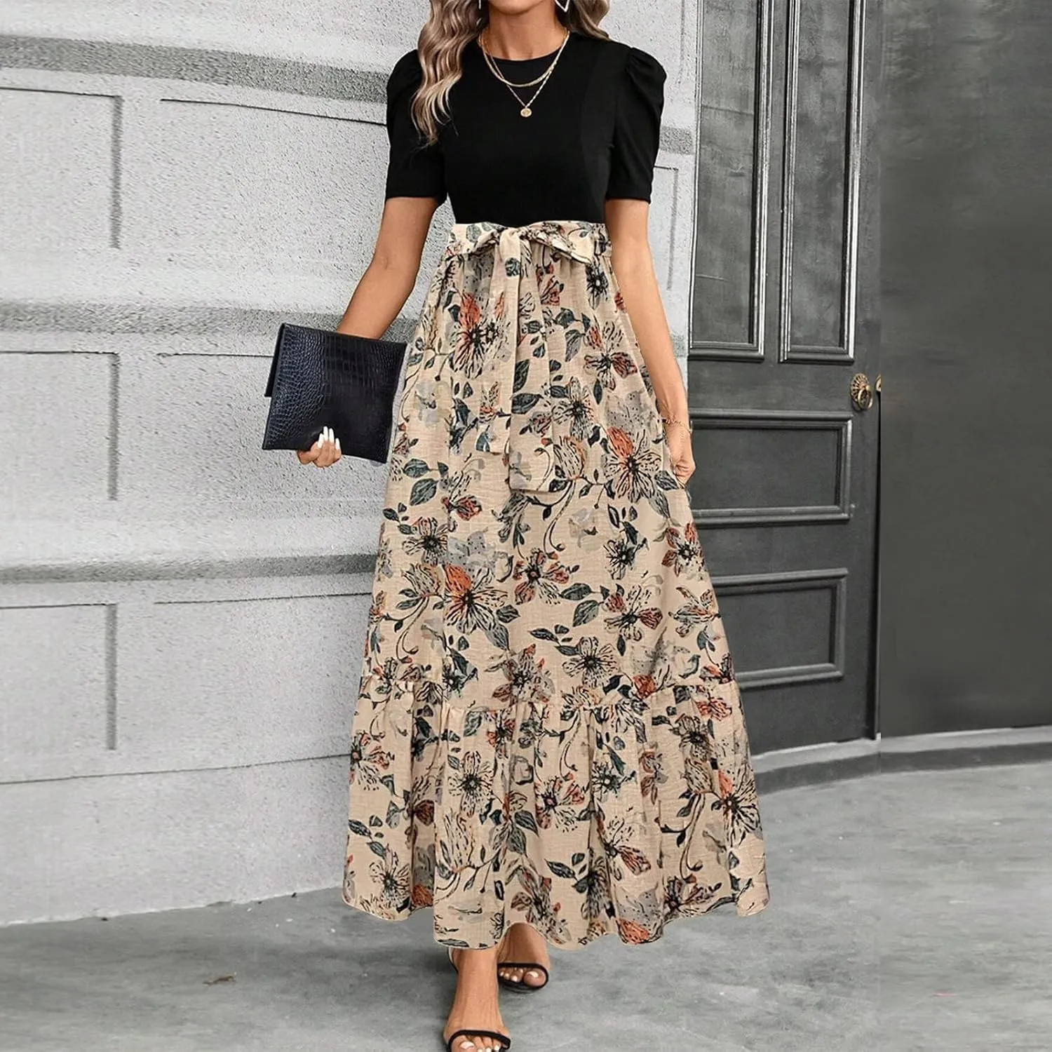 Summer Dresses for Women Puff Sleeve Flowy Floral Dress Casual Maxi Dress with Belt Elegant Sundress Long Dresses