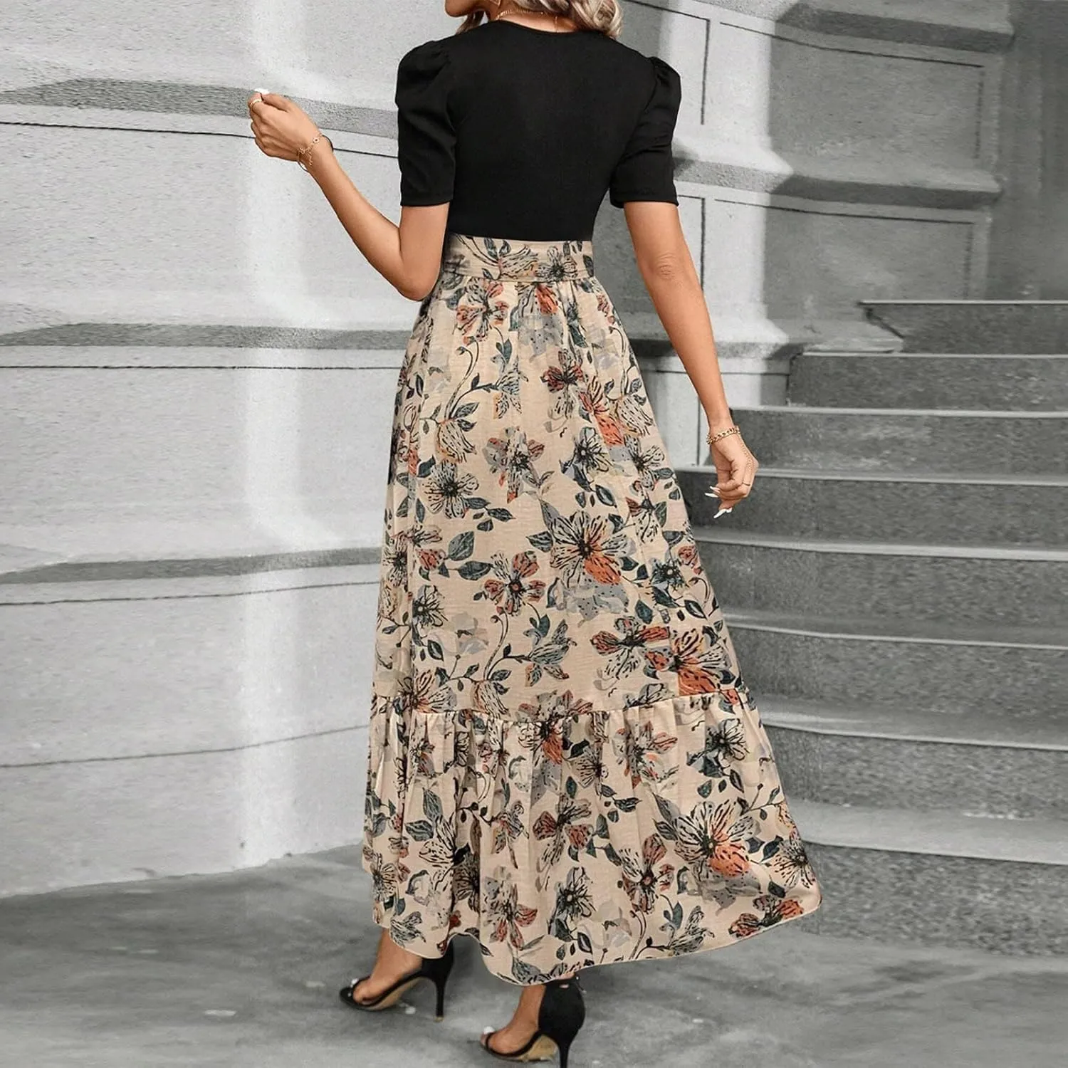 Summer Dresses for Women Puff Sleeve Flowy Floral Dress Casual Maxi Dress with Belt Elegant Sundress Long Dresses