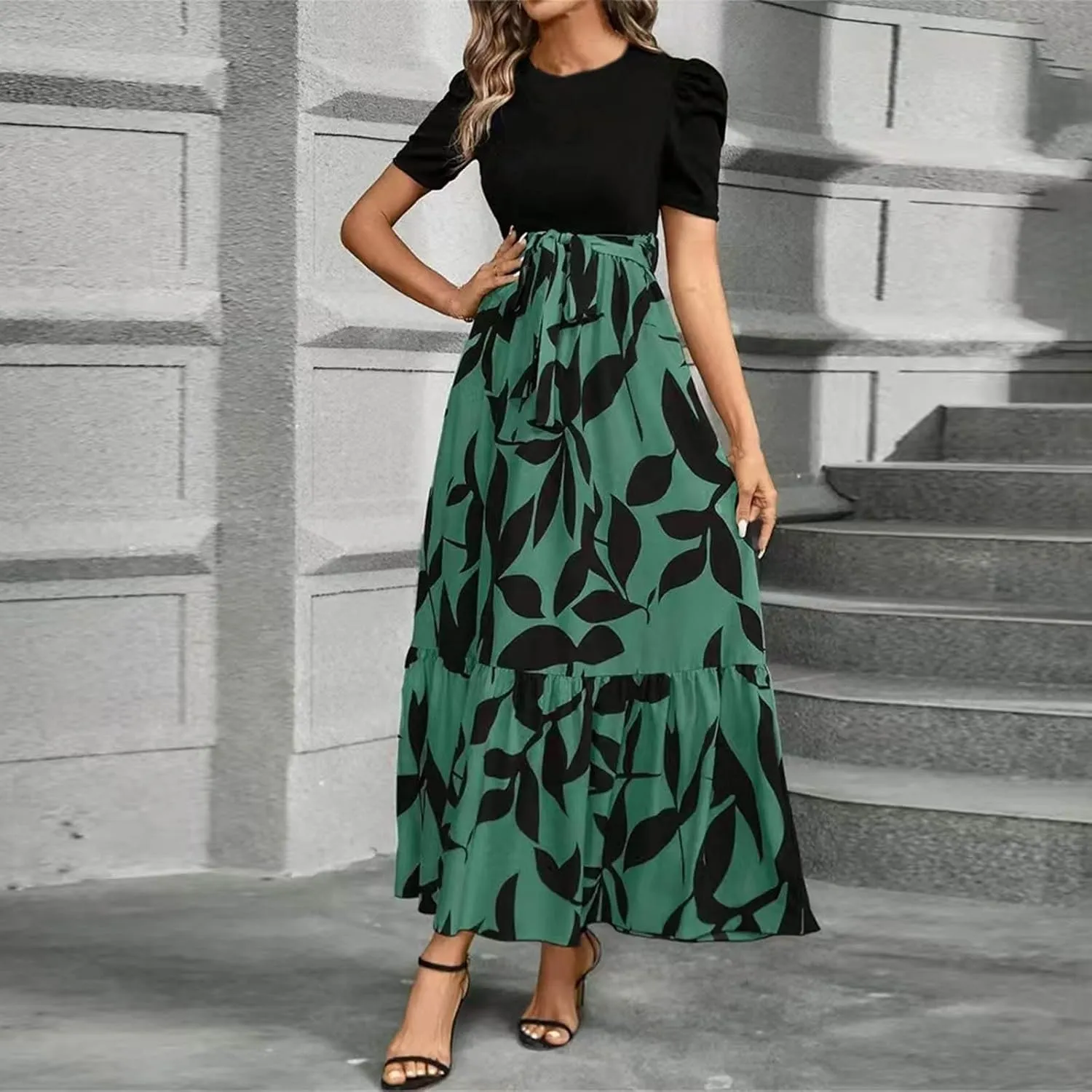 Summer Dresses for Women Puff Sleeve Flowy Floral Dress Casual Maxi Dress with Belt Elegant Sundress Long Dresses