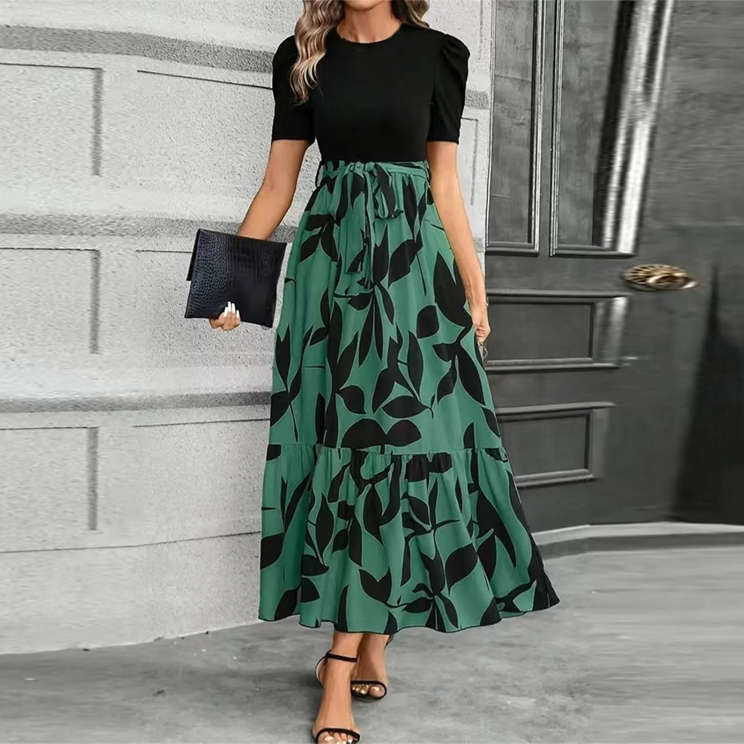 Summer Dresses for Women Puff Sleeve Flowy Floral Dress Casual Maxi Dress with Belt Elegant Sundress Long Dresses