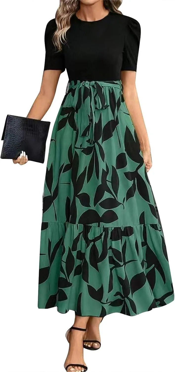 Summer Dresses for Women Puff Sleeve Flowy Floral Dress Casual Maxi Dress with Belt Elegant Sundress Long Dresses