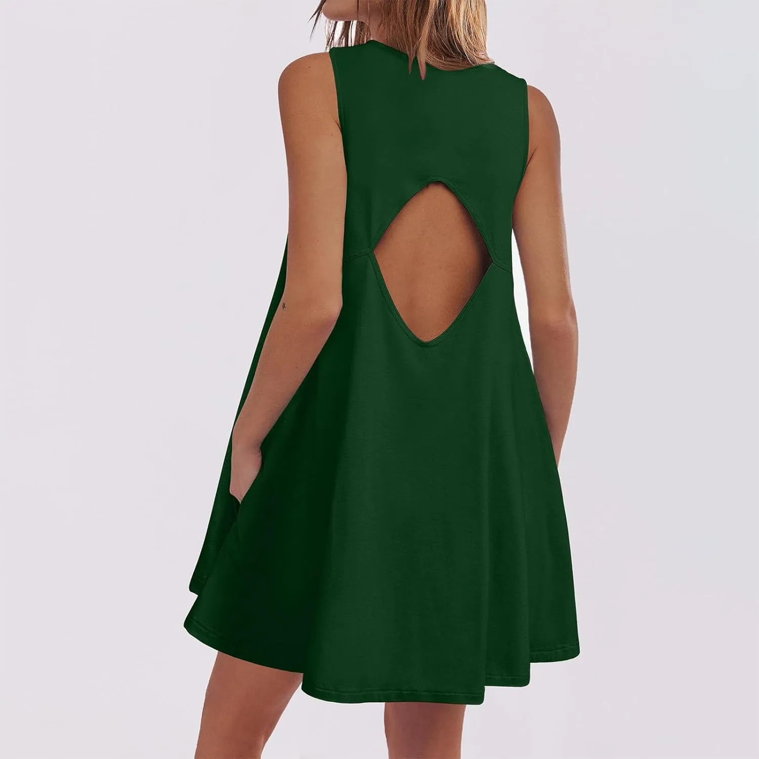 Summer Dresses for Women Solid Sleeveless Cutout Back Sundress Beach Swimwear Summer Casual Mini Dress with Pockets