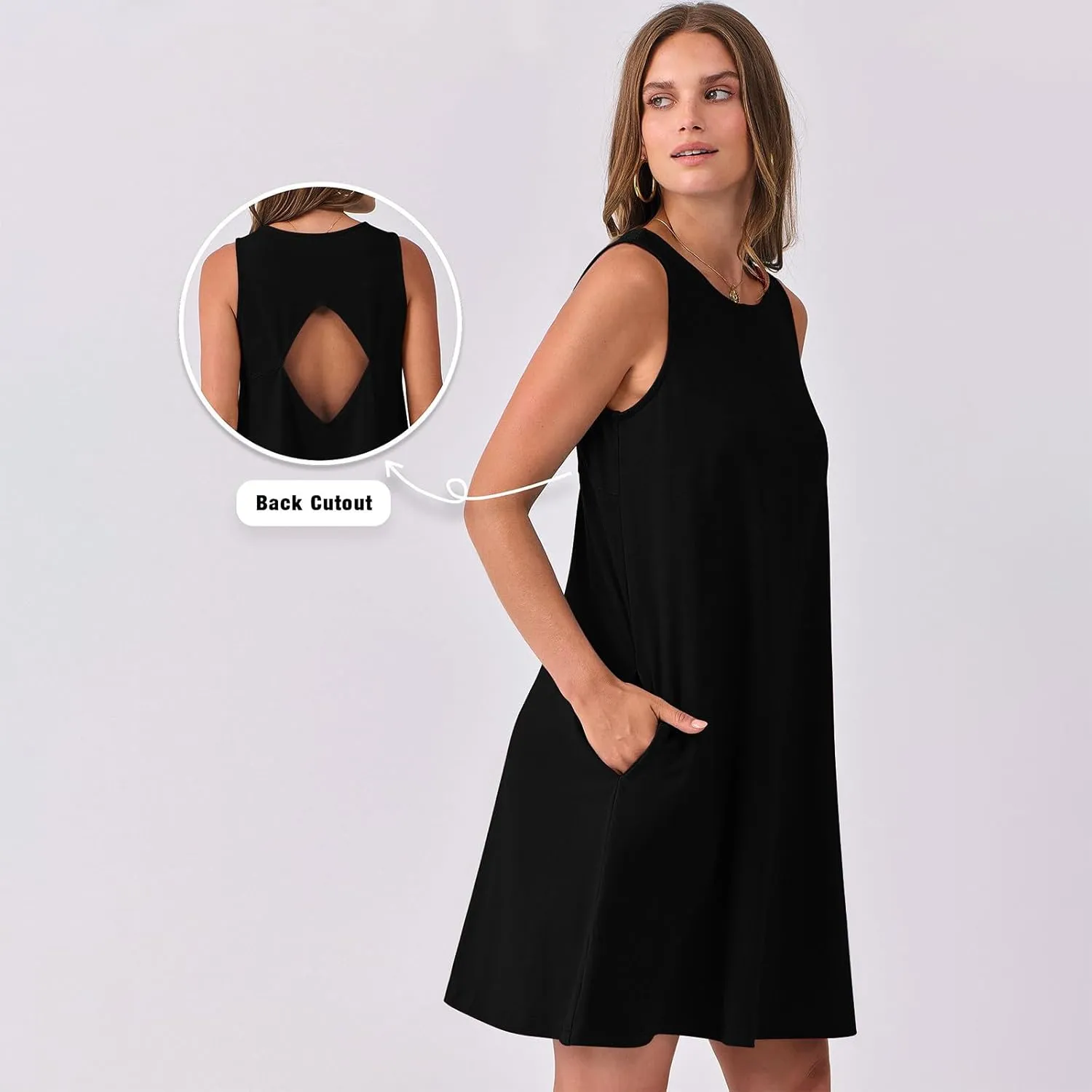 Summer Dresses for Women Solid Sleeveless Cutout Back Sundress Beach Swimwear Summer Casual Mini Dress with Pockets