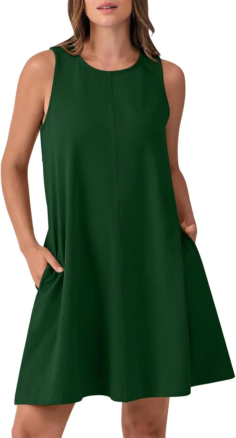 Summer Dresses for Women Solid Sleeveless Cutout Back Sundress Beach Swimwear Summer Casual Mini Dress with Pockets