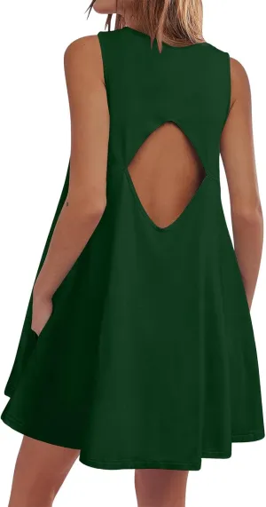 Summer Dresses for Women Solid Sleeveless Cutout Back Sundress Beach Swimwear Summer Casual Mini Dress with Pockets