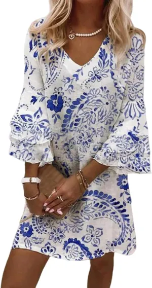 Summer Dresses for Women Wedding Guest Dress Boho Floral Print Casual 3/4 Sleeve Ruffle Cuffs Flowy Beach Mini Dress