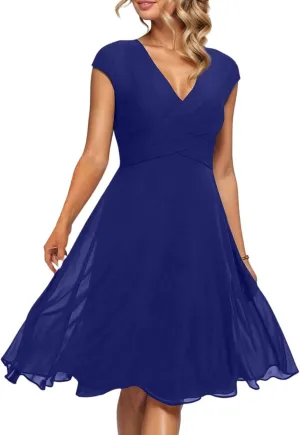 Summer Floral Chiffon Dresses for Women 2025 Midi Trendy Flowy Swing Empire Waist Cap Sleeve V Neck A Line Dress