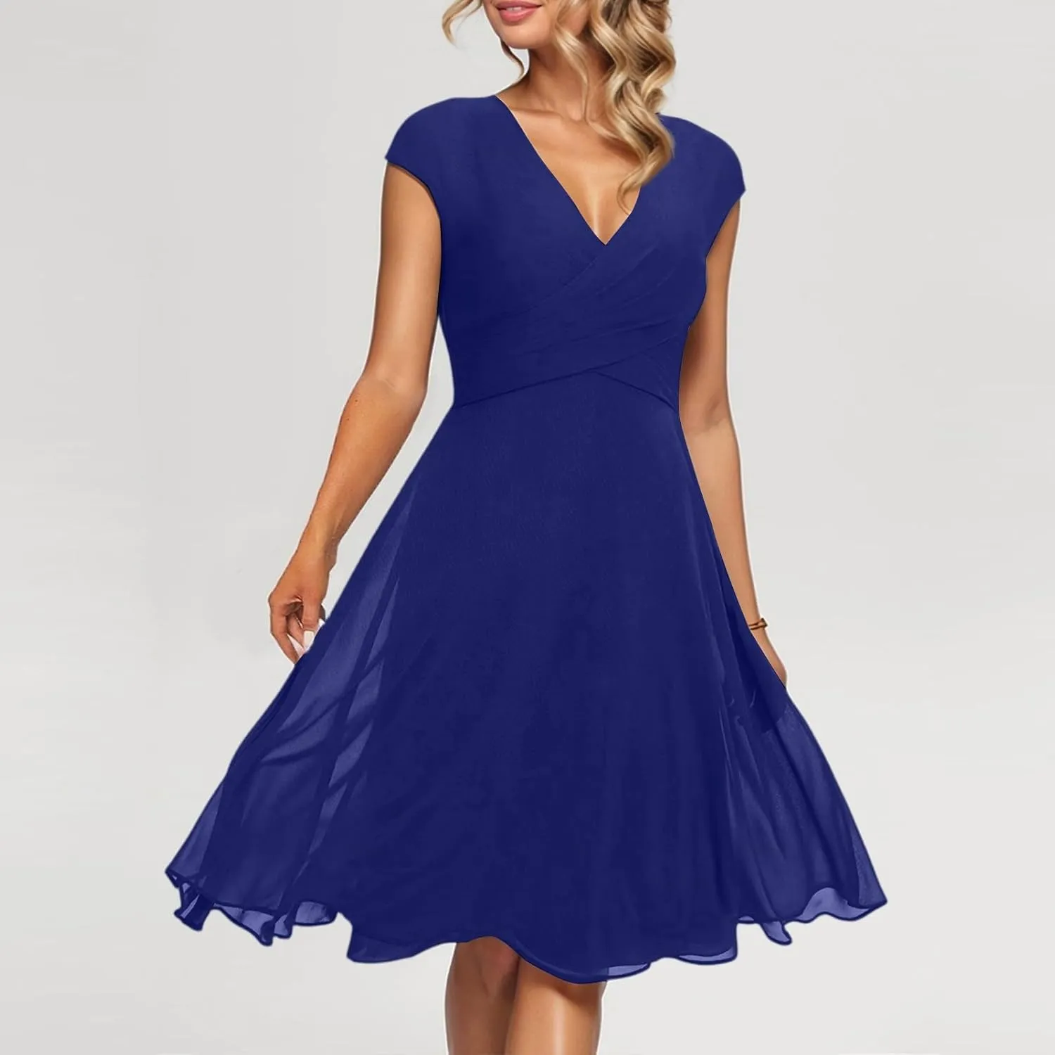 Summer Floral Chiffon Dresses for Women 2025 Midi Trendy Flowy Swing Empire Waist Cap Sleeve V Neck A Line Dress