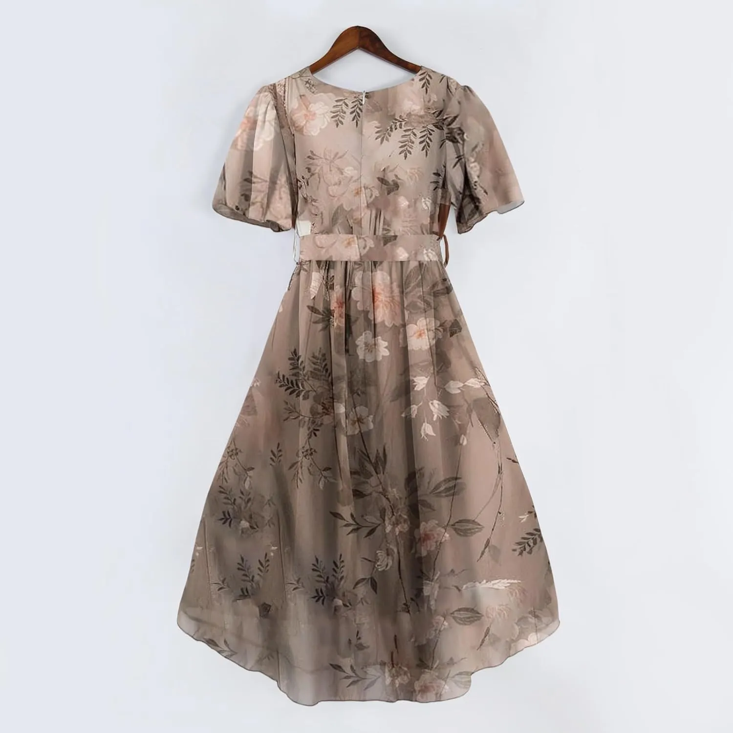 Summer Floral Chiffon Dresses for Women 2025 Midi Trendy Flowy Swing Tie Elastic Waist Short Sleeve V Neck A Line Dress