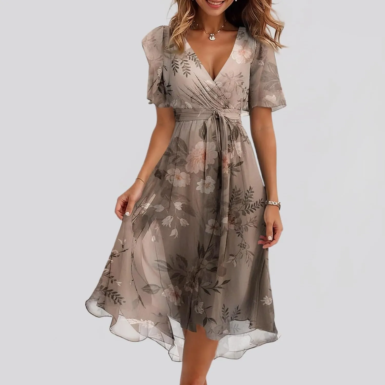 Summer Floral Chiffon Dresses for Women 2025 Midi Trendy Flowy Swing Tie Elastic Waist Short Sleeve V Neck A Line Dress